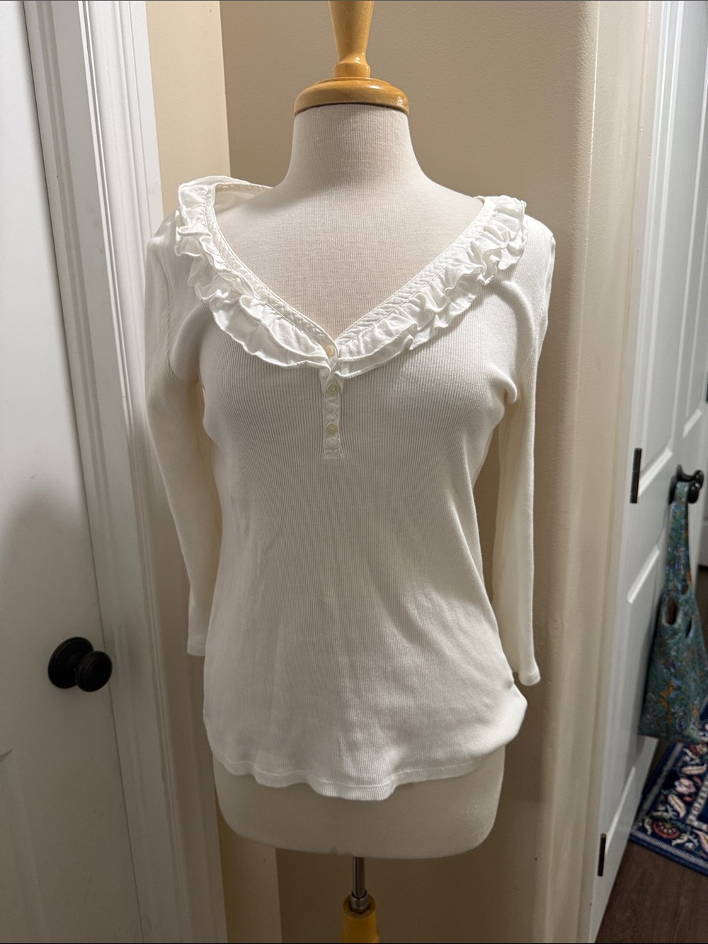 Lauren Ralph Lauren Cream Ruffle-Trim Long Sleeve Henley